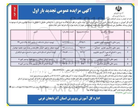مزایده فروش پنج زمین خالی با کاربری مسکونی تجاری خدماتی تجدید بار اول نوبت دوم