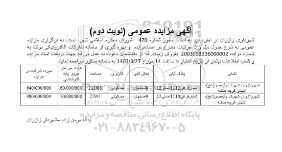 مزایده فروش 2 پلاک ثبتی با کاربری مسکونی نوبت دوم