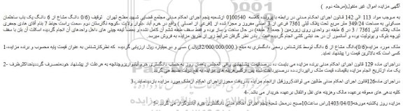 مزایده فروش 0/6 دانگ مشاع از 6 دانگ یک باب ساختمان مسکونی به مساحت 349/24 متر مربع تحت پلاک ثبتی 7361 