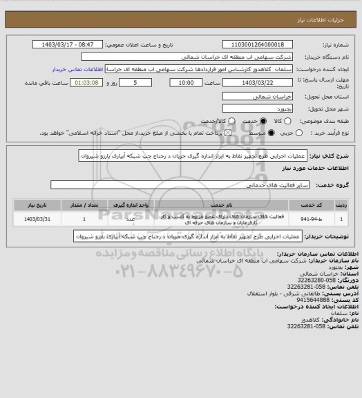 استعلام عملیات اجرایی طرح تجهیز نقاط به ابزار اندازه گیری جریان د رجناح چپ شبکه آبیاری بارزو شیروان