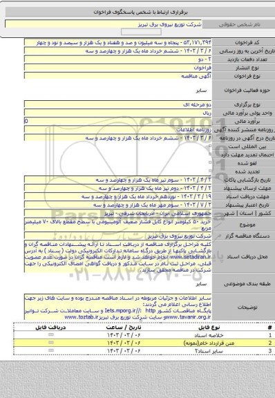 مناقصه, خرید ۵۰ کیلومتر انواع کابل فشار ضعیف آلومینیومی با سطح مقطع بالای ۷۰ میلیمتر مربع