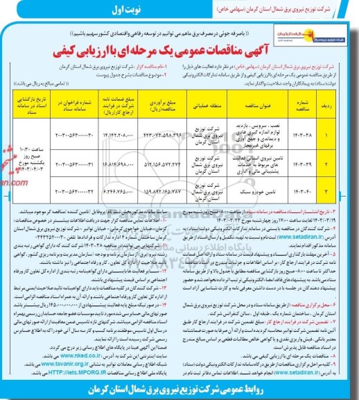 مناقصه نصب، سرویس، بازدید لوازم اندازه گیری عادی و دیماندی و جمع آوری برقهای غیرمجاز...