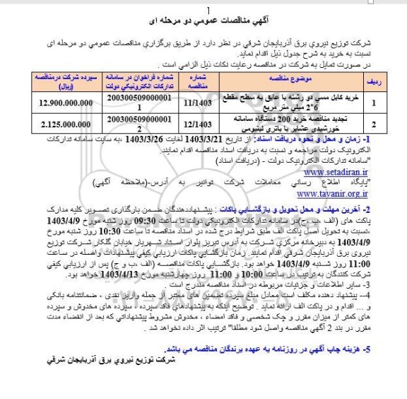 مناقصه خرید کابل مسی دو رشته با عایق ...