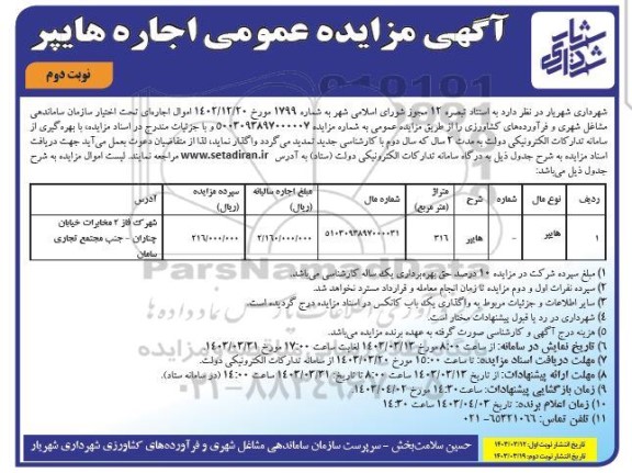 مزایده عمومی اجاره هایپر نوبت دوم 
