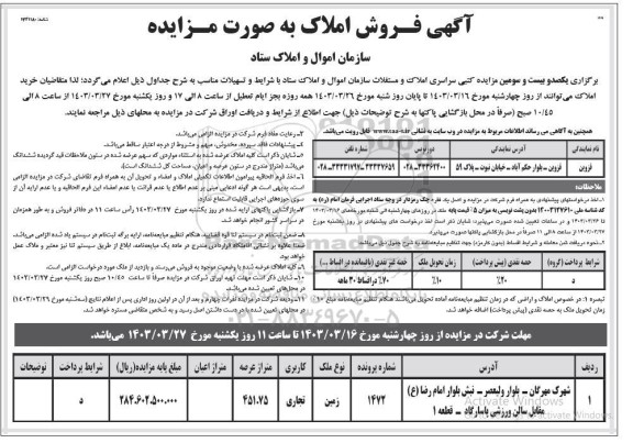 مزایده یکصد و بیست و سومین مزایده کتبی سراسری املاک و مستغلات