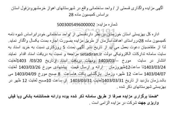 مزایده واگذاری قسمتی از واحد ساختمانی