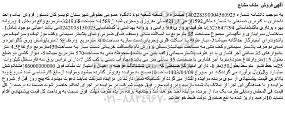 مزایده فروش یک واحد دامداری با کاربری صنعتی به شماره ملکی1592فرعی از 21اصلی مفروزی ومجزی شده از1589