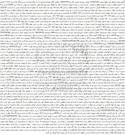 آگهی مزایده ششدانگ پلاک ثبتی ۲۱۸٥٦ فرعی از -۹ اصلی واقع در بخش -۵ 