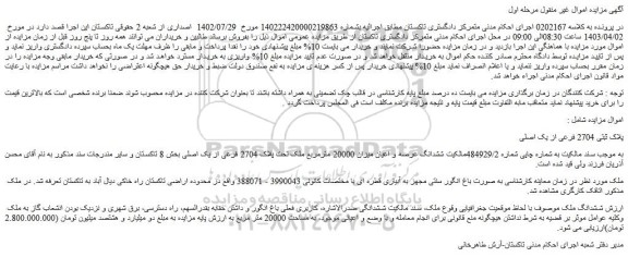 مزایده فروش ششدانگ عرصه و اعیان میزان 20000 مترمربع ملک تحت پلاک 2704 فرعی از یک اصلی