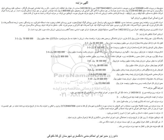 مزایده فروش ادوات کشاورزی درقطعه زمین محصور، بمساحت حدود 48000 مترمربع و...
