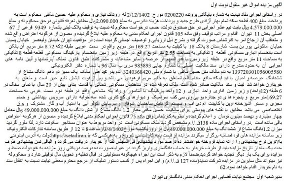 مزایده فروش  ملک مسکونی