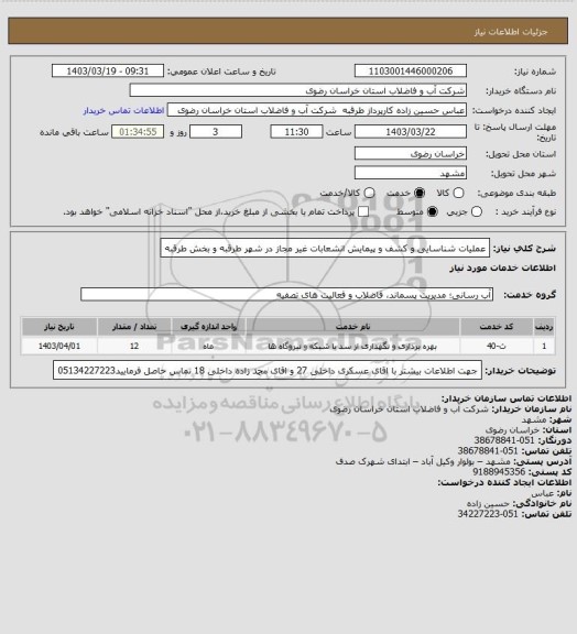 استعلام عملیات شناسایی و کشف و پیمایش انشعابات غیر مجاز در شهر طرقبه و بخش طرقبه