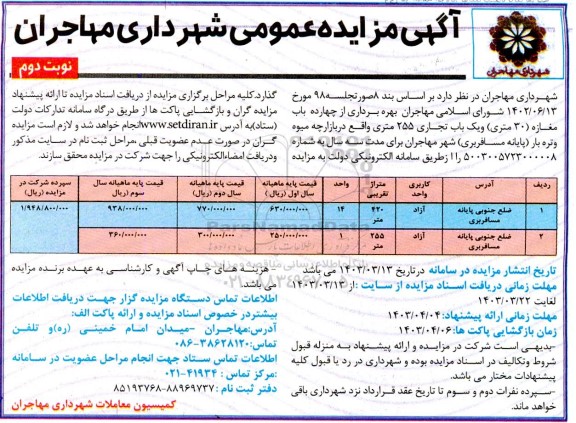 مزایده بهره برداری از چهارده باب مغازه 30 متری و یک باب تجاری 255 متری- نوبت دوم