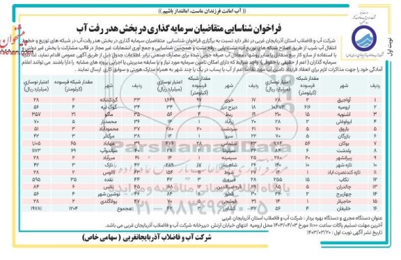 فراخوان مناقصه و مزایده شناسایی متقاضیان سرمایه گذاری در بخش هدر رفت آب