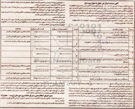 مزایده فروش دستگاه ردیف کن بطری و ...