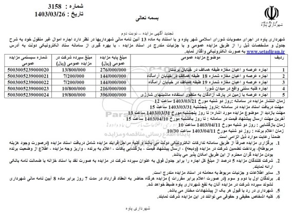 تجدید مزایده اجاره عرصه و اعیان مغازه طبقه همکف و ... - نوبت دوم