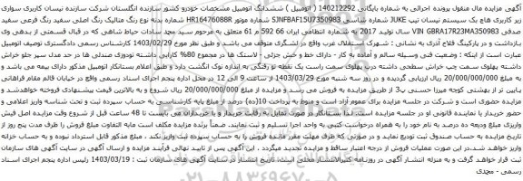 آگهی مزایده هاچ بک سیستم نیسان تیپ JUKE 