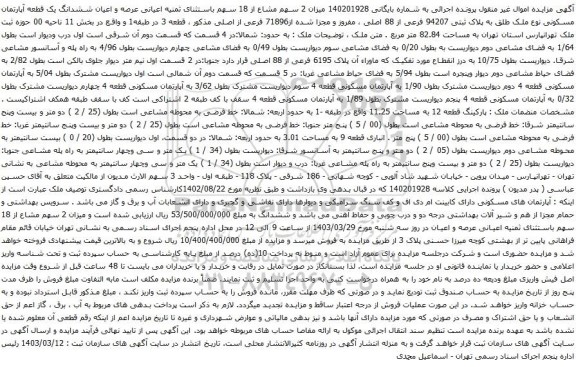 آگهی مزایده میزان 2 سهم مشاع از 18 سهم باستثنای ثمنیه اعیانی عرصه و اعیان ششدانگ یک قطعه آپارتمان مسکونی نوع ملک طلق به پلاک ثبتی 94207 فرعی از 88 اصلی