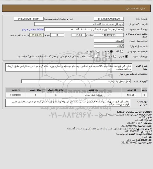 استعلام نمایندگی قبول شهری  سرخنکلاته  قیمت بر اساس درصد هر مرسوله پیشتاز و ویزه اعلام گردد در ضمن سفارشی طبق قرارداد پرداخت میگردد