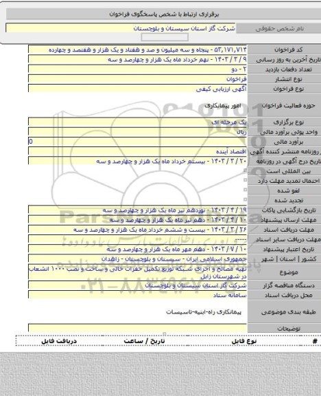 مناقصه, تهیه مصالح و اجرای شبکه توزیع تکمیل حفرات خالی و ساخت و نصب ۱۰۰۰ انشعاب در شهرستان زابل