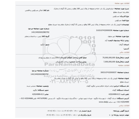 فروش یک باب خانه و محوطه از پلاک ثبتی 160 واقع در بخش 15 گیلان از ماترک غلام رضا حیدری مطلع