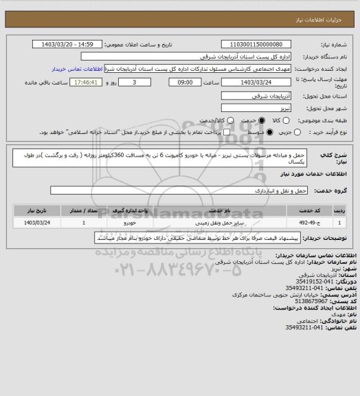 استعلام حمل و مبادله مرسولات پستی تبریز -   میانه  با خودرو   کامیونت 6 تن      به مسافت  360کیلومتر روزانه ( رفت و برگشت )در طول یکسال