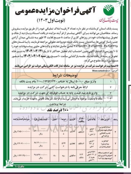 مزایده فروش تعداد 3 رقبه املاک تملیکی با کاربری تجاری - مسکونی - اداری