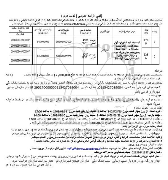 مزایده فروش تعداد 2 باب واحد خدماتی نوبت دوم