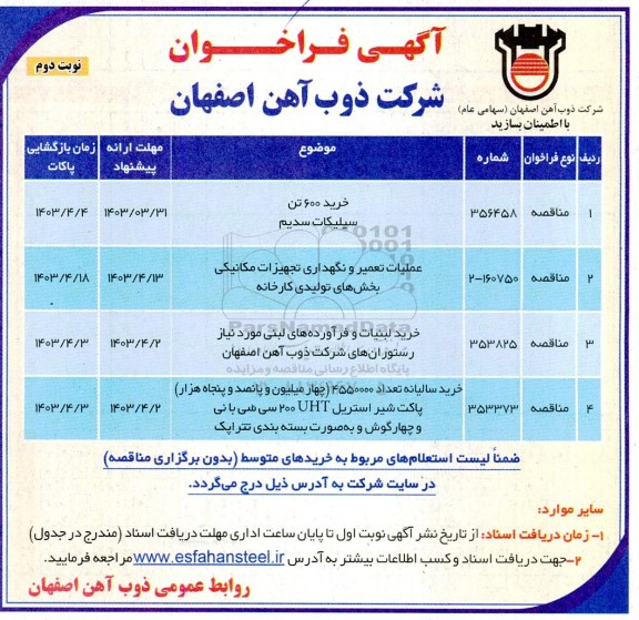 فراخوان خرید 600 تن  سیلیکات سدیم  ....- نوبت دوم