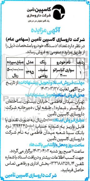مزایده تعداد یکدستگاه خودرو