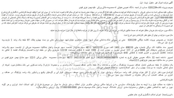 مزایده فروش 487/5 سهم مشاع از ششصد سهم عرصه واعیان بمالکیت معصومه مورکی از ششصد سهم یک واحد آپارتمان مسکونی