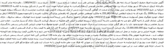 آگهی مزایده یک دستگاه سواری هیوندا سوناتا مدل2009