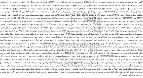 آگهی مزایده ششدانگ یک باب منزل آپارتمانی پلاک 1071 فرعی از 399 اصلی