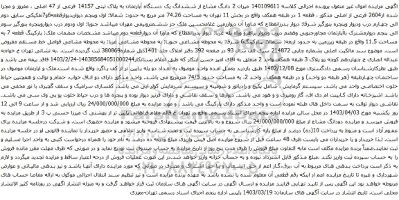 مزایده 2 دانگ مشاع از ششدانگ یک دستگاه آپارتمان به پلاک ثبتی 14157 فرعی از 47 اصلی ، مفروز و مجزا شده از2604 فرعی از اصلی
