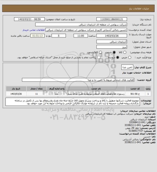 استعلام تامین غذا