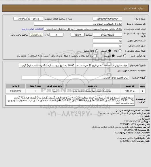 استعلام مزایده فروش آبشده طلا که در تاریخ 21 خرداد ساعت 10:00 به شرح پیوست قیمت گذاری (قیمت پایه) گردید: