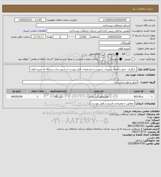 استعلام بارگیری، حمل و تخلیه تجهیزات رادیویی با مشخصات فایل پیوست از شهرستان بندرلنگه به جزیره لاوان
