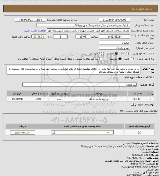 استعلام خرید جدول و کانیو پیش ساخته بتنی با حداقل مقاومت فشاری 280 کیلوگرم بر سانتی متر مربع برابر مشخصات فایل پیوست به همراه حمل و تخلیه در روستای مهرجان