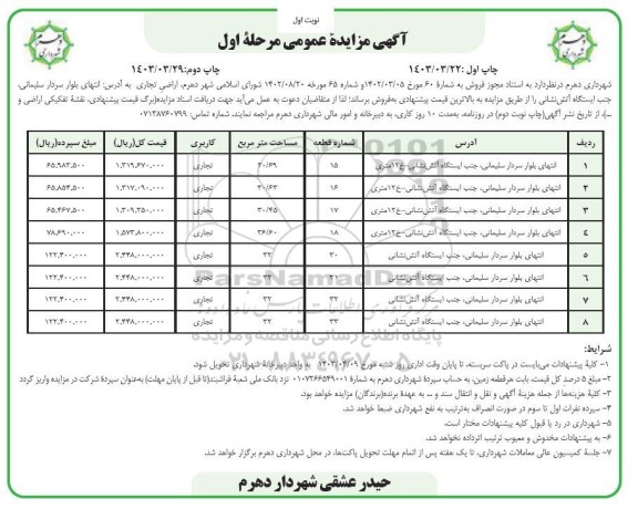 مزایده فروش اراضی تجاری