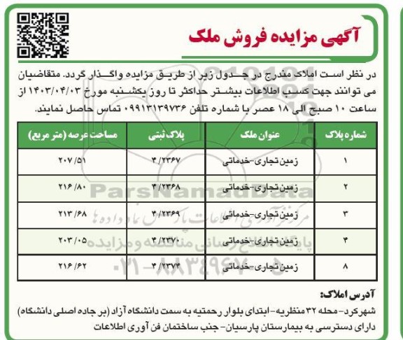 مزایده فروش ملک با کاربری تجاری و خدماتی 