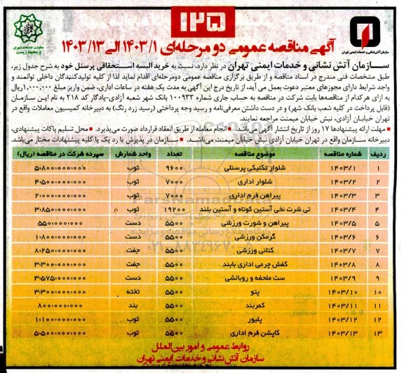 مناقصه خرید البسه استحقاقی پرسنل