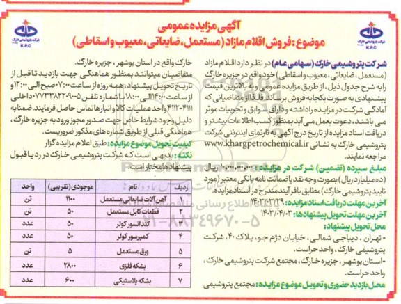 مزایده فروش اقلام مازاد (مستعمل، ضایعاتی، معیوب و اسقاطی)