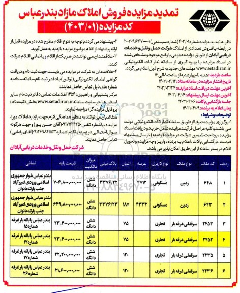  مزایده فروش املاک مازاد با کاربری مسکونی - تجاری -تمدید 