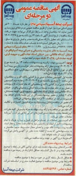 مناقصه تعداد 300 نفر نیروی انسانی مورد نیاز 