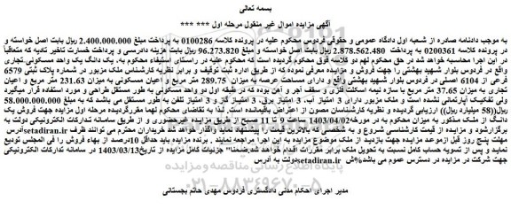 مزایده فروش یک دانگ یک واحد مسکونی-تجاری