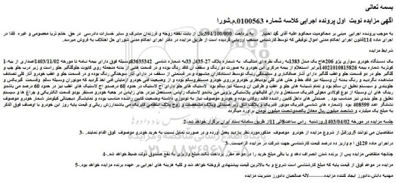 مزایده فروش یک دستگاه خودرو سواری پژو 206هاج بک مدل 1383به رنگ نقره ای متالیک