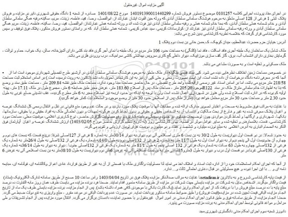 مزایده فروش پلاک ثبتی 1 فرعی از 128 اصلی 