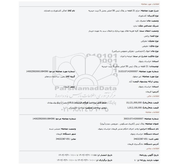 21 قطعه در پلاک ثبتی 50 اصلی بخش 5 تربت حیدریه
