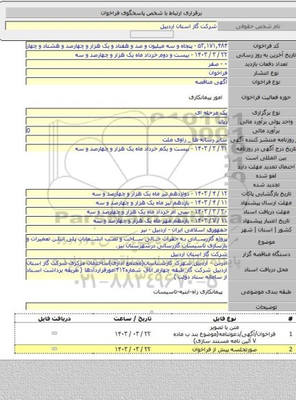 مناقصه, پروژه گازرسانی به حفرات خالی ساخت و نصب انشعابات پلی اتیلن تعمیرات و بازسازی تاسیسات گازرسانی درشهرستان نیر.
