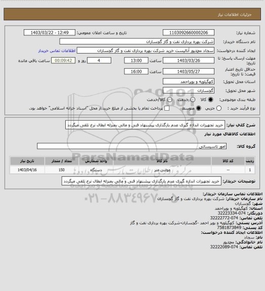 استعلام خرید تجهیزات اندازه گیری عدم بارگذاری پیشنهاد فنی و مالی بمنزله ابطال نرخ تلقی میگردد
